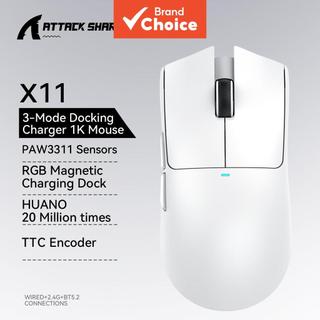 Mouse Gamer Attack Shark X11 Ultra-Leve Tri-Modo, Sensor Paw3311, Dock de Carregamento Magnético RGB para PC