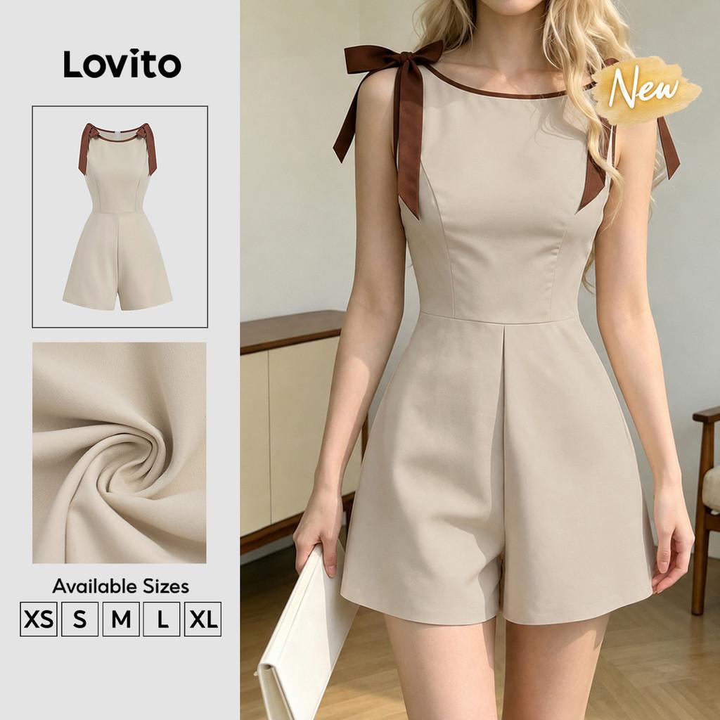 (New Arrival) Lovito Elegante Macacão Colorblock Laço Simples para Mulheres Primavera/Verão JRK8P2D948
