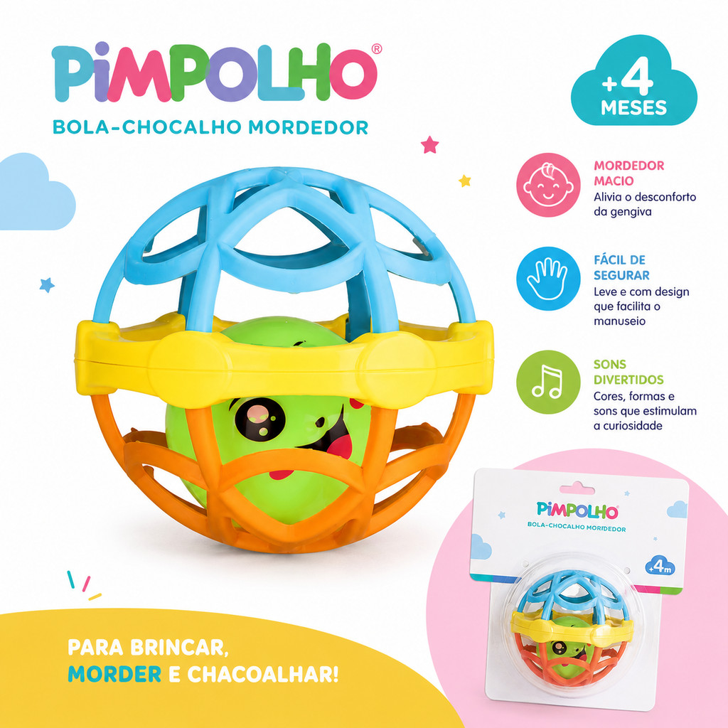 Bola Chocalho Mordedor para Bebê Pimpolho +4 Meses Brinquedo Sensorial Macio Colorido