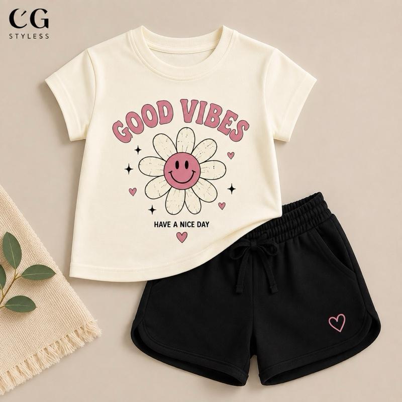 Conjunto Infantil Feminino Good Vibes | Camiseta Estampada + Short Moletinho | Moda Infantil Confortável | Look Casual 