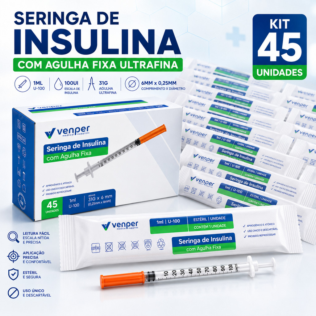 Seringa para Insulina 1ml 100UI U-100 Agulha 31G 6mm x 0,25mm Fixa Kit com 45