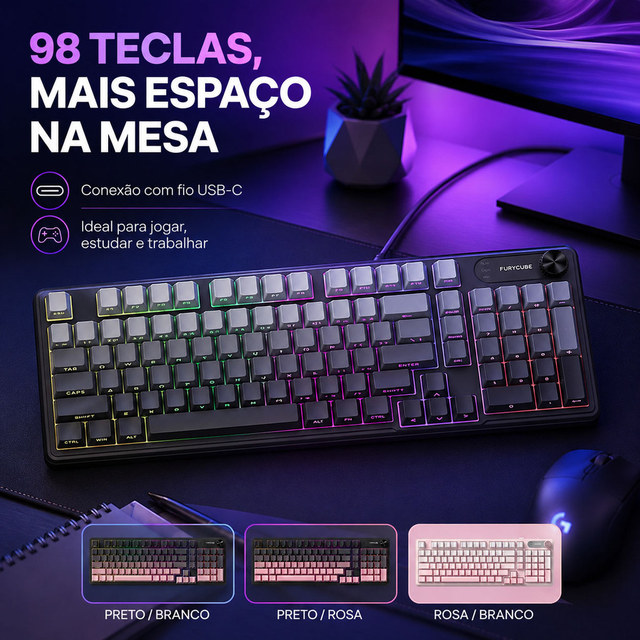 FURYCUBR Wireless RGB Gaming Keyboard Durable Battery LED Lighting High Performance Gaming Office