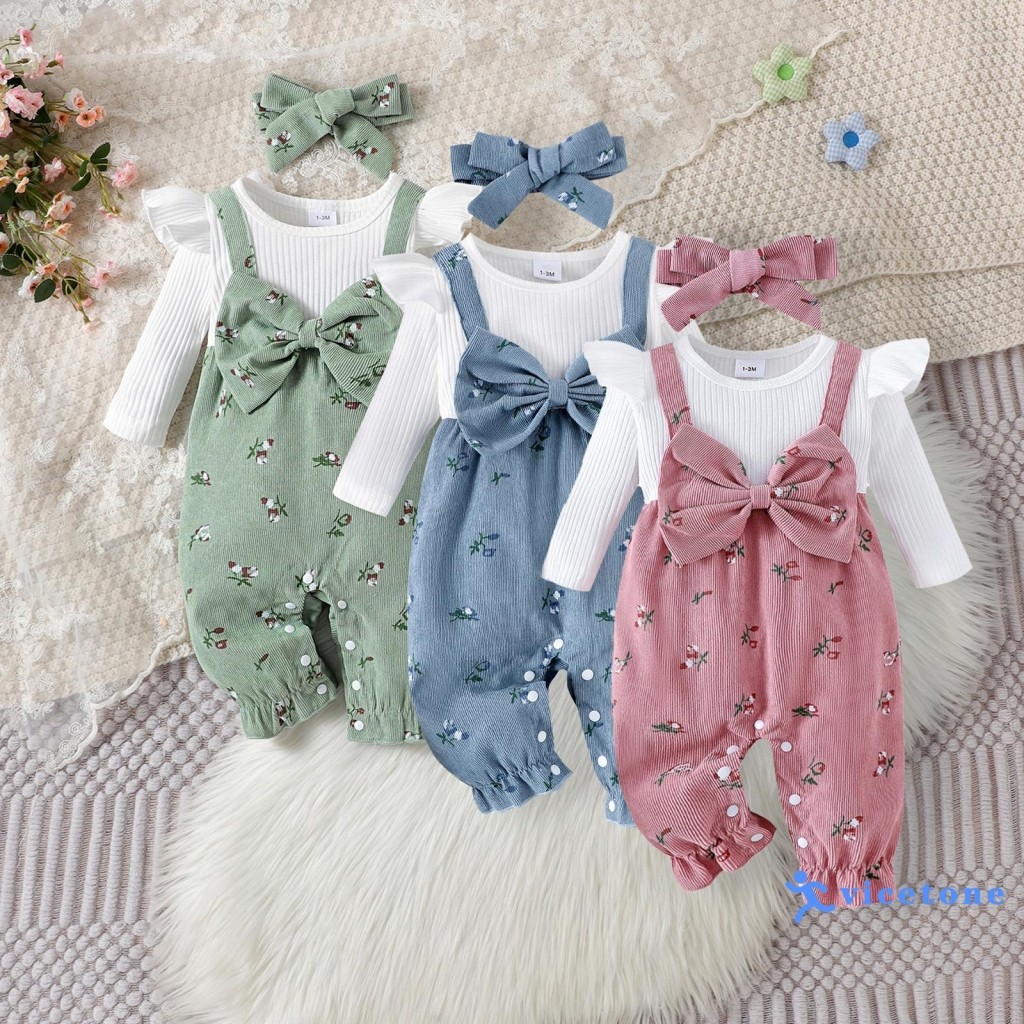 VIC-Conjunto Roupa Bebê Menina 2 Peças Blusa Manga Longa + Macacão Suspensório Estampa Floral Com Laço + Faixa De Cabelo