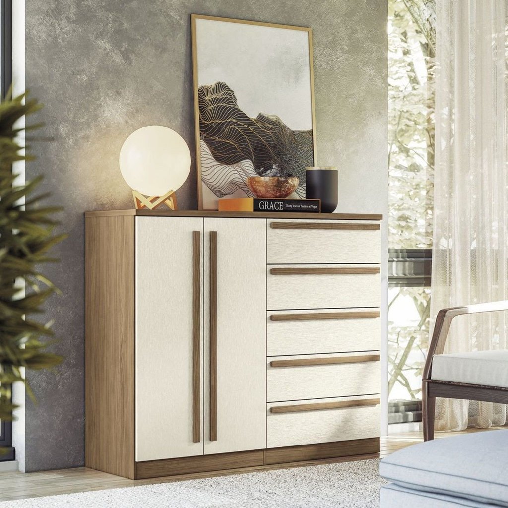 Cômoda 2 Portas 5 Gavetas Málaga Gold Bege/Jatoba/Areia Jatoba/Areia