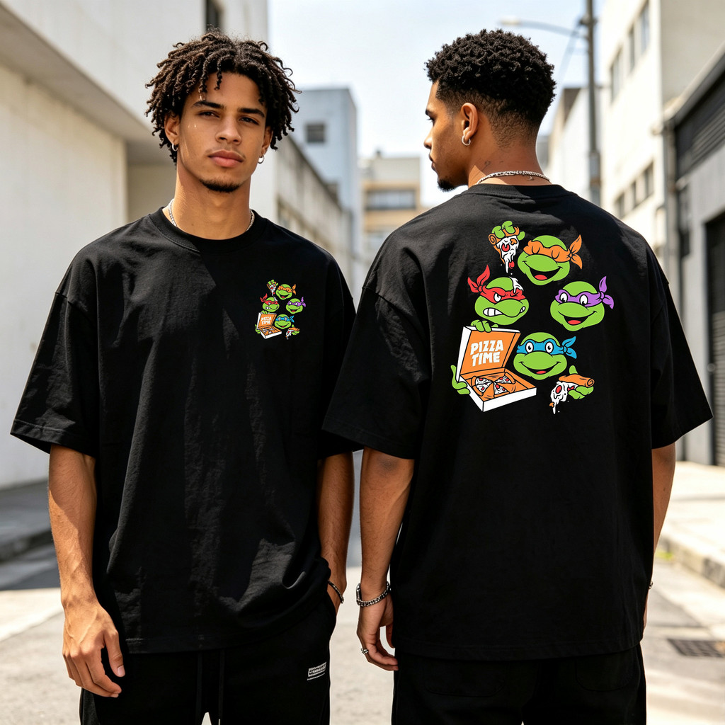Camiseta Masculina Oversized Tartarugas Ninja Estampa Pizza Time, Camiseta de Algodão, Estilo Streetwear Casual Urbano