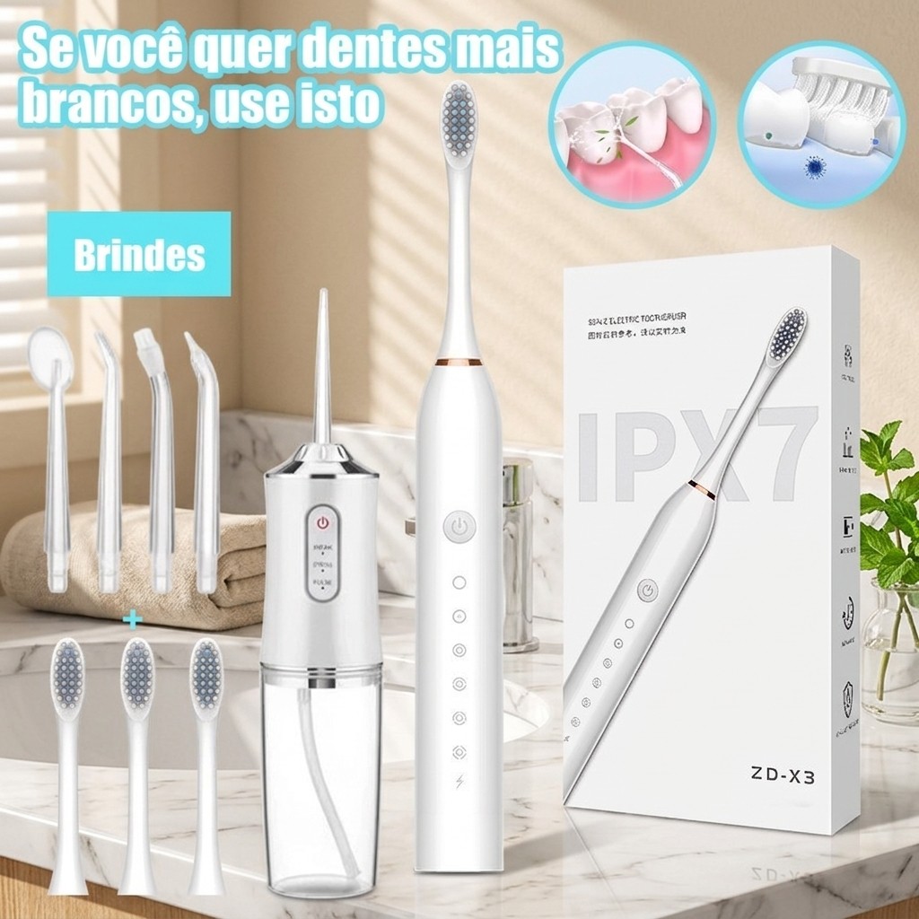 Irrigador Oral de Água Pressão Ajustável + Escova Dental Elétrica Sônica Higiene