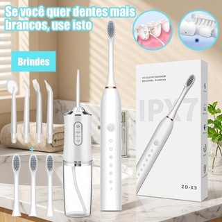 Irrigador Oral de Água Pressão Ajustável + Escova Dental Elétrica Sônica Higiene