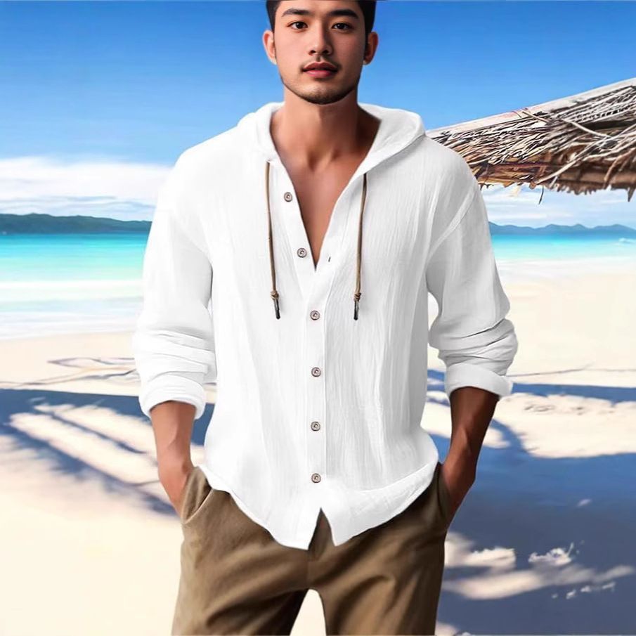 Nova camisa masculina com capuz cor sólida havaí Casual manga comprida topo