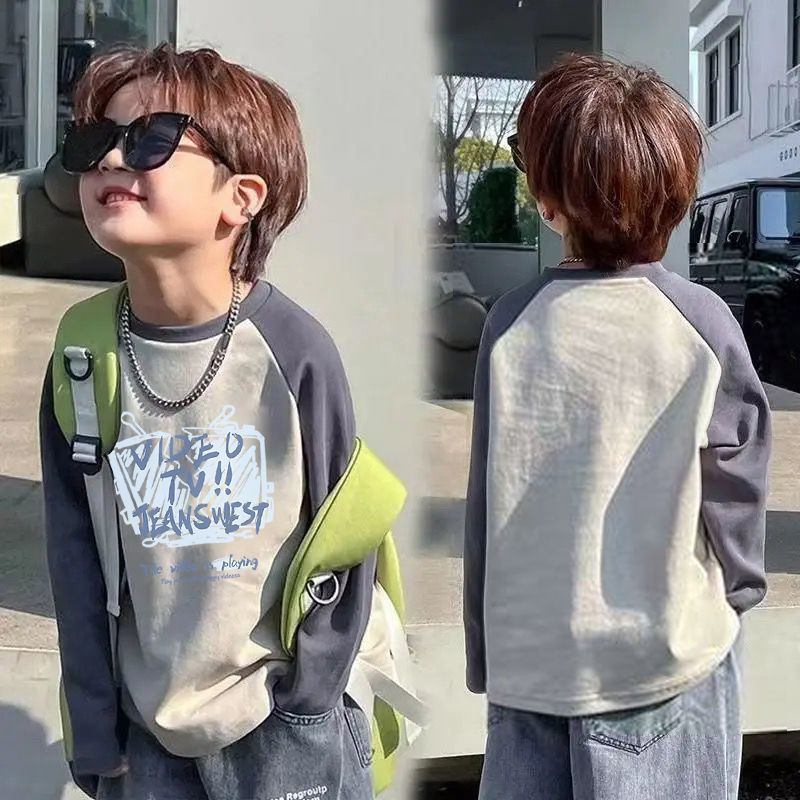 Crianças contraste cor Raglan algodão manga comprida 2025 Bottoming camiseta primavera outono bonito meninos na moda top