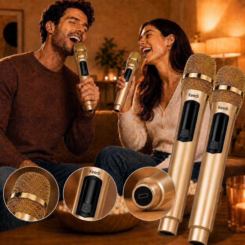 Kit 2 Microfones Sem Fio Profissionais Dourados 2.4GHz Recarregáveis Receptor P10 40m Carga USB-C Karaokê MIC-1029