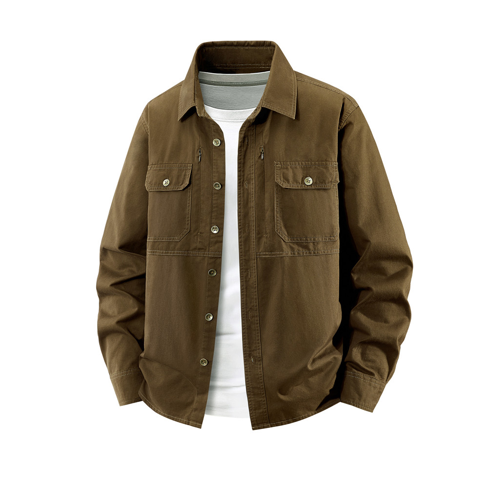 Camisa masculina Casual de manga comprida outono fino Multi-bolso ferramentas puro algodão manga comprida solta meia-ida