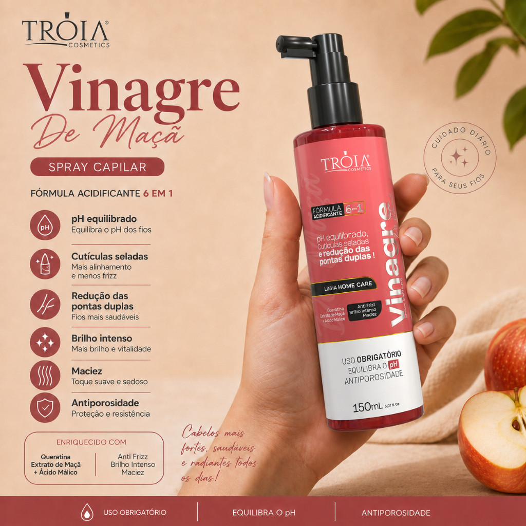 Vinagre Capilar Acidificante De Maça 6 em 1 Antifrizz E Controle De PH 150ml Tróia