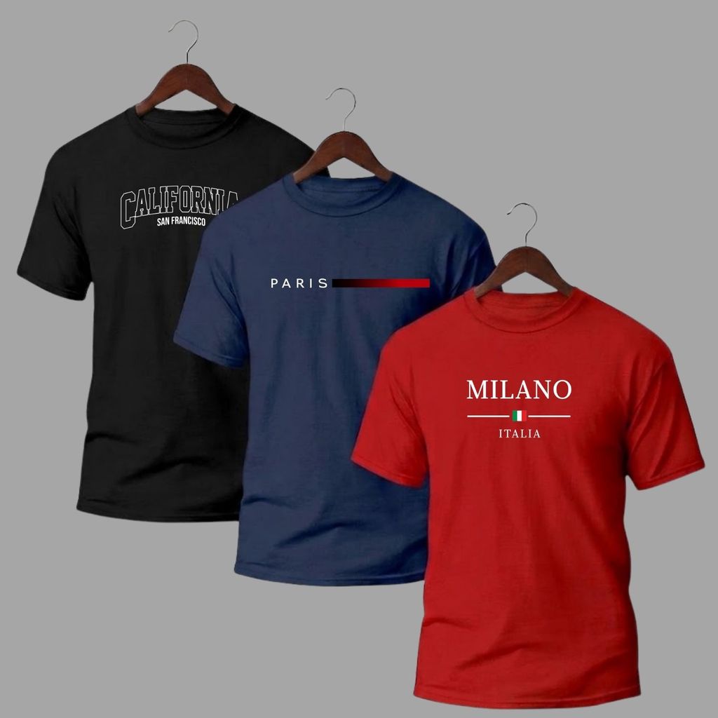 Kt 3 Camisetas Masculinas Verão !00% Algodão Premium Estampada California Milano Paris Trio do Estilo