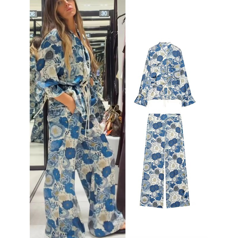 Conjunto De Camisa Com Cinto E Ajuste De Botões Vintage Estampa Floral Azul Calças Largas 202608bbb
