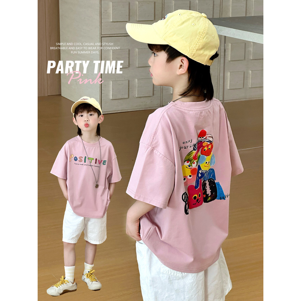 Meninos rosa camiseta 2026 novo estilo verão crianças dos desenhos animados impresso de manga curta médio grande criança