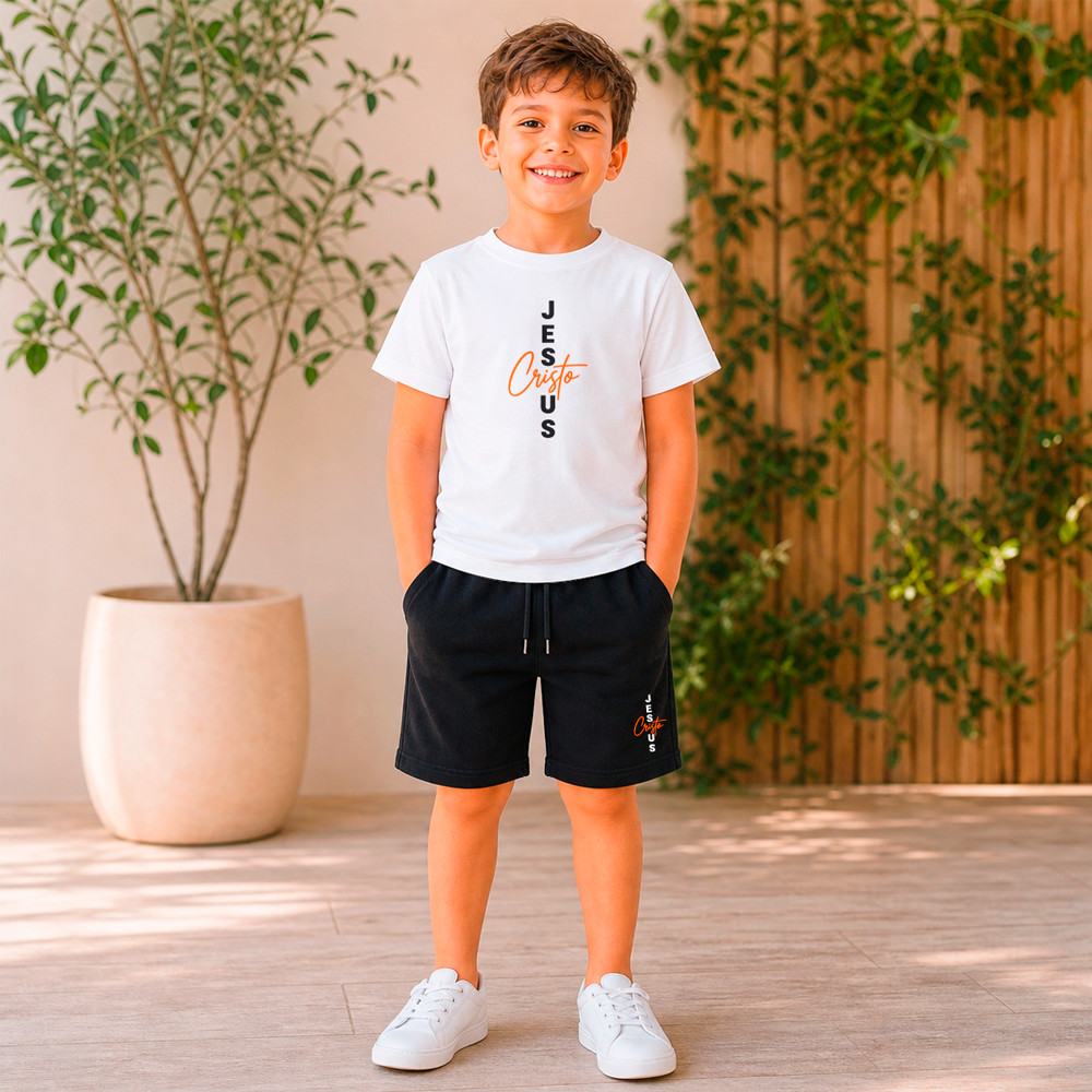 Conjunto Infantil Masculino Menino Camiseta + Bermuda Moletinho Jesus Cristo Cristão Evangélico