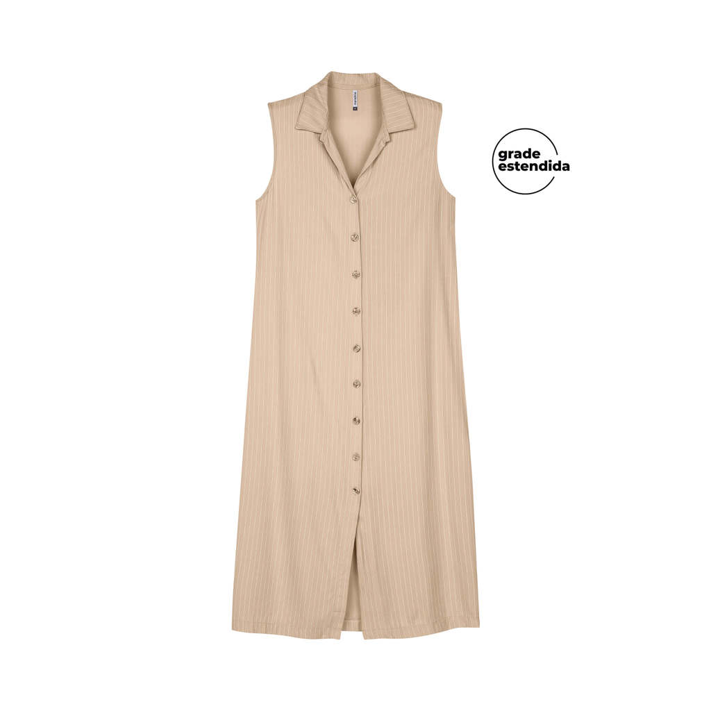 Vestido Midi Chemise Feminino Listrado Marialícia Bege