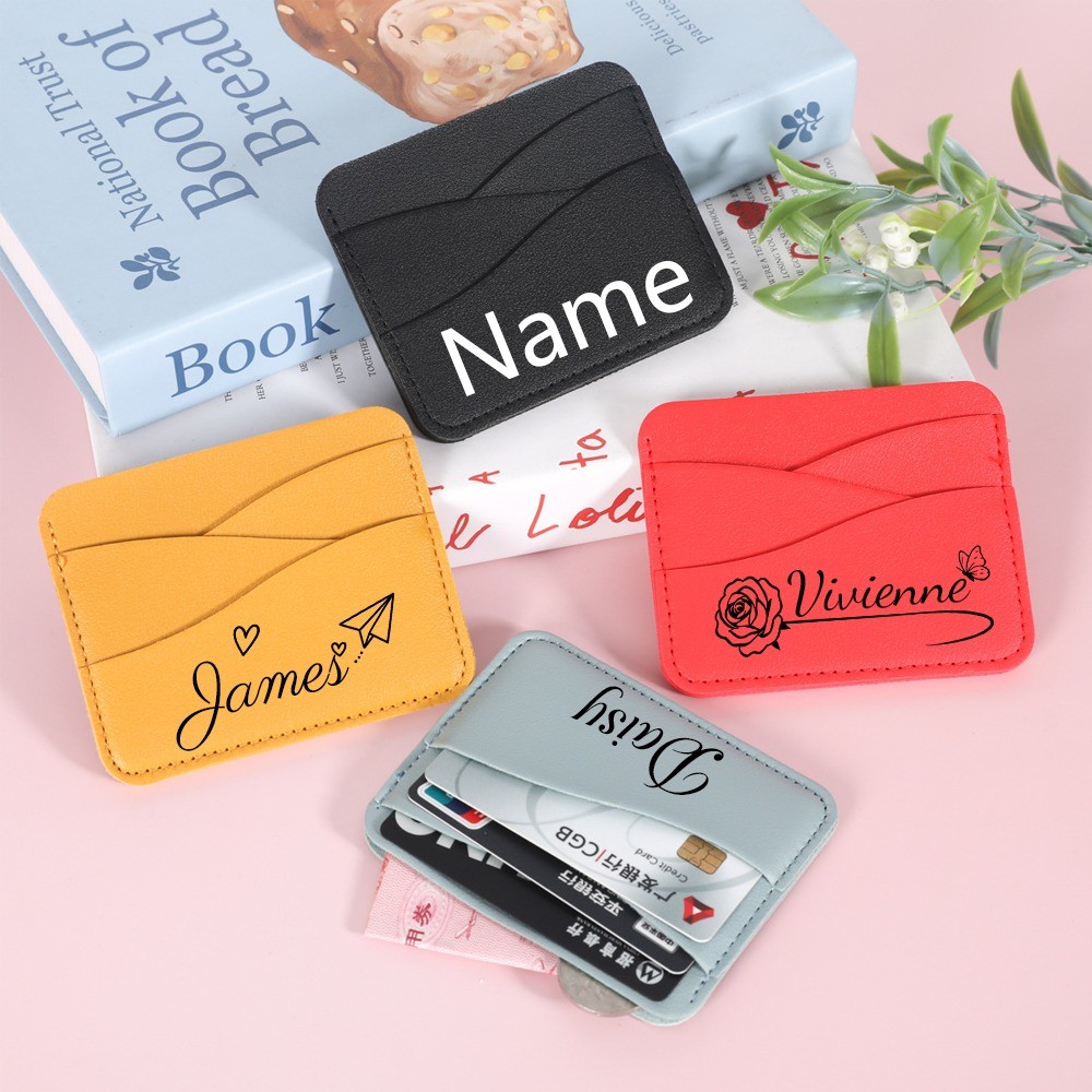 Nome Personalizado Porta-Cartões De Couro PU Mini Carteira Fina Capa Para Cartão De Crédito Presente Mulheres