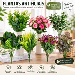 Planta Artificial Decorativa Buquê de Flores e Folhagens Verdes para Decoração de Casa Jardim Vaso
