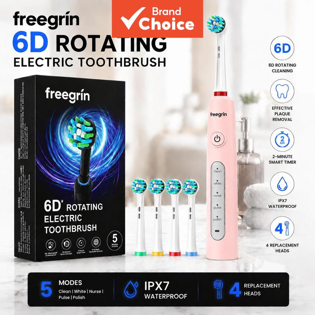 Escova de dentes elétrica Freegrin 6D giratória com 5 modos, cerdas macias Dupont, IP67 à prova d'água, temporizador de