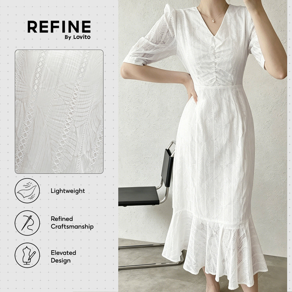 (Refine by Lovito) Vestido Social Algodão Jacquard OffWhite Elegante Feminino Bordado DRR42P1D013
