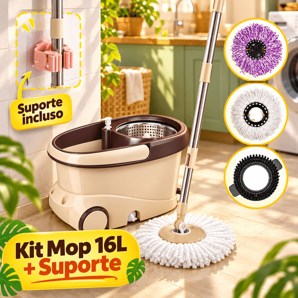Kit Mop Giratório 16L com Balde, 3 Refis e Suporte Adesivo para Mop 360