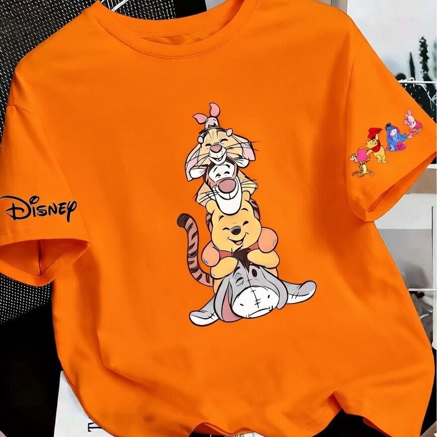 Camiseta Unissex de Ursinho Pooh Bactro Tigre e Leitão Com Estampa Nas Mangas Confortável