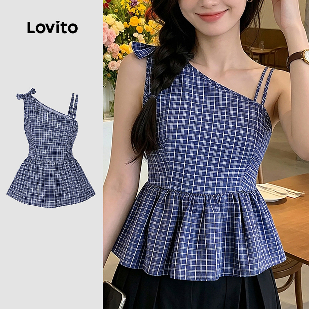 Lovito Blusa Casual Geométrica Assimétrica Primavera/Verão Regata Azulescuro Para Mulheres L198ED384
