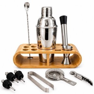 Kit Bartender Profissional Conjunto Coqueteleira Acessórios Bambu Suporte Organizado
