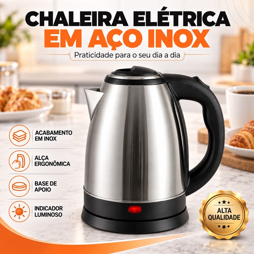 Chaleira Elétrica Inox 1.8 Litros 110 e 220V Desligamento Automático Aquecimento Rápido