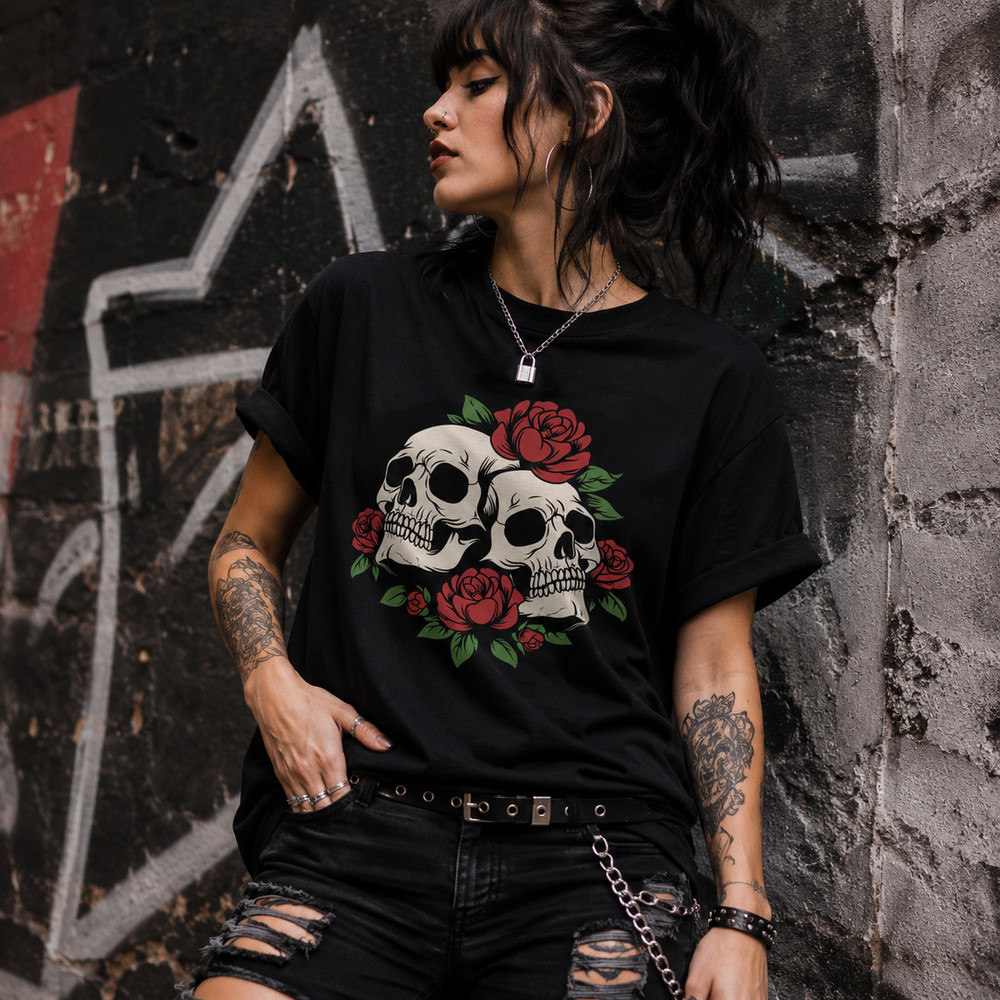 Camiseta Feminina Rock Caveira Estilo Punk Blusa Preta Algodão Moda Rock In Rio Casual