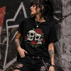 Camiseta Feminina Rock Caveira Estilo Punk Blusa Preta Algodão Moda Rock In Rio Casual
