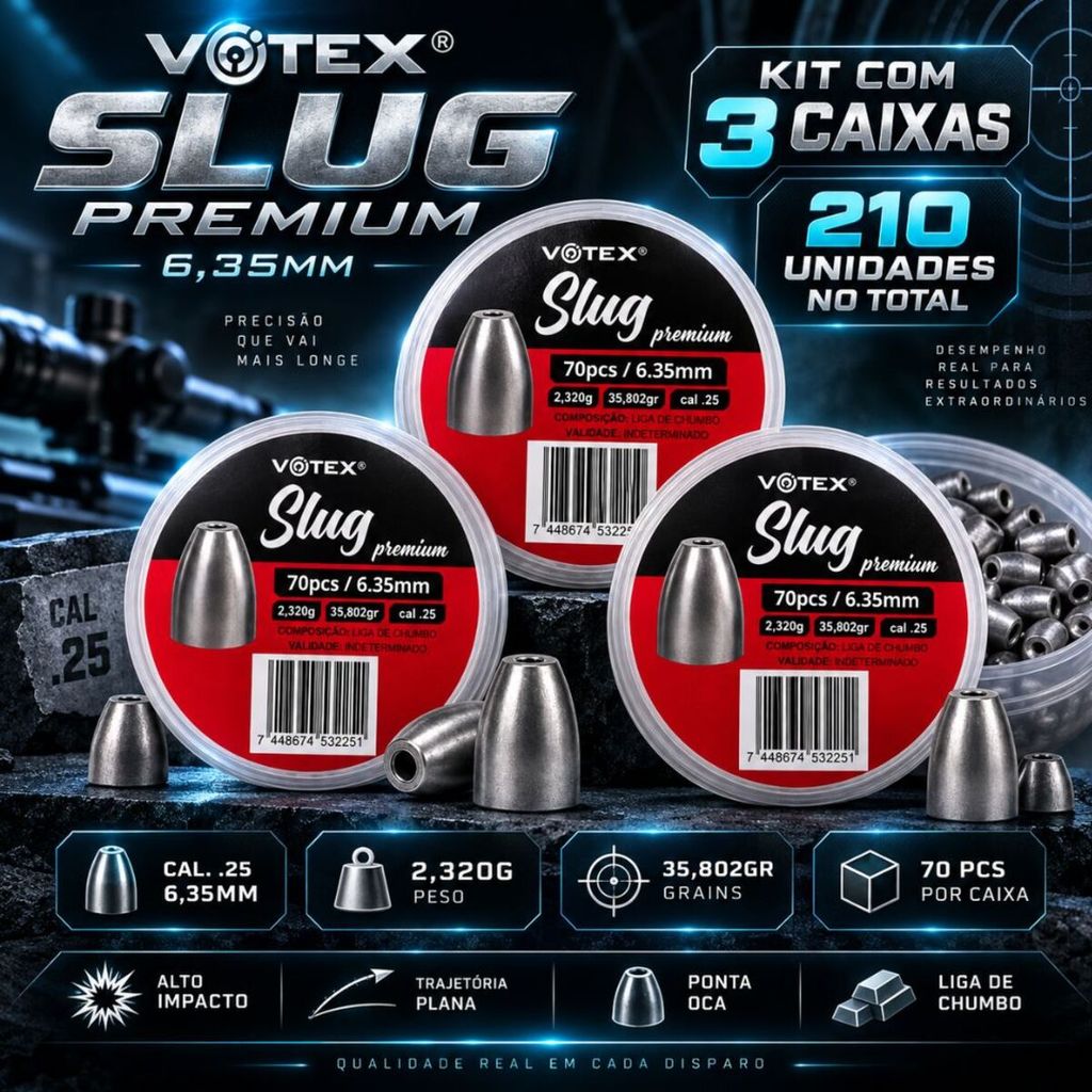 Kit 3 Potes Chumbinhos Votex Slug Premium 6,35 mm 2,320 g - 210 Unidades