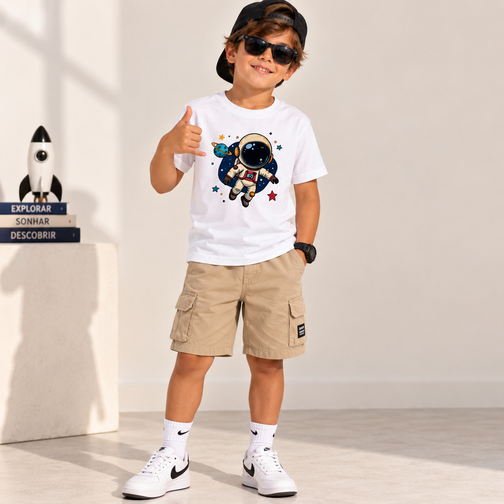 Camiseta Infantil Astronauta 100% Algodão Estampa Espacial Menino Menina Unissex Básica Confortável