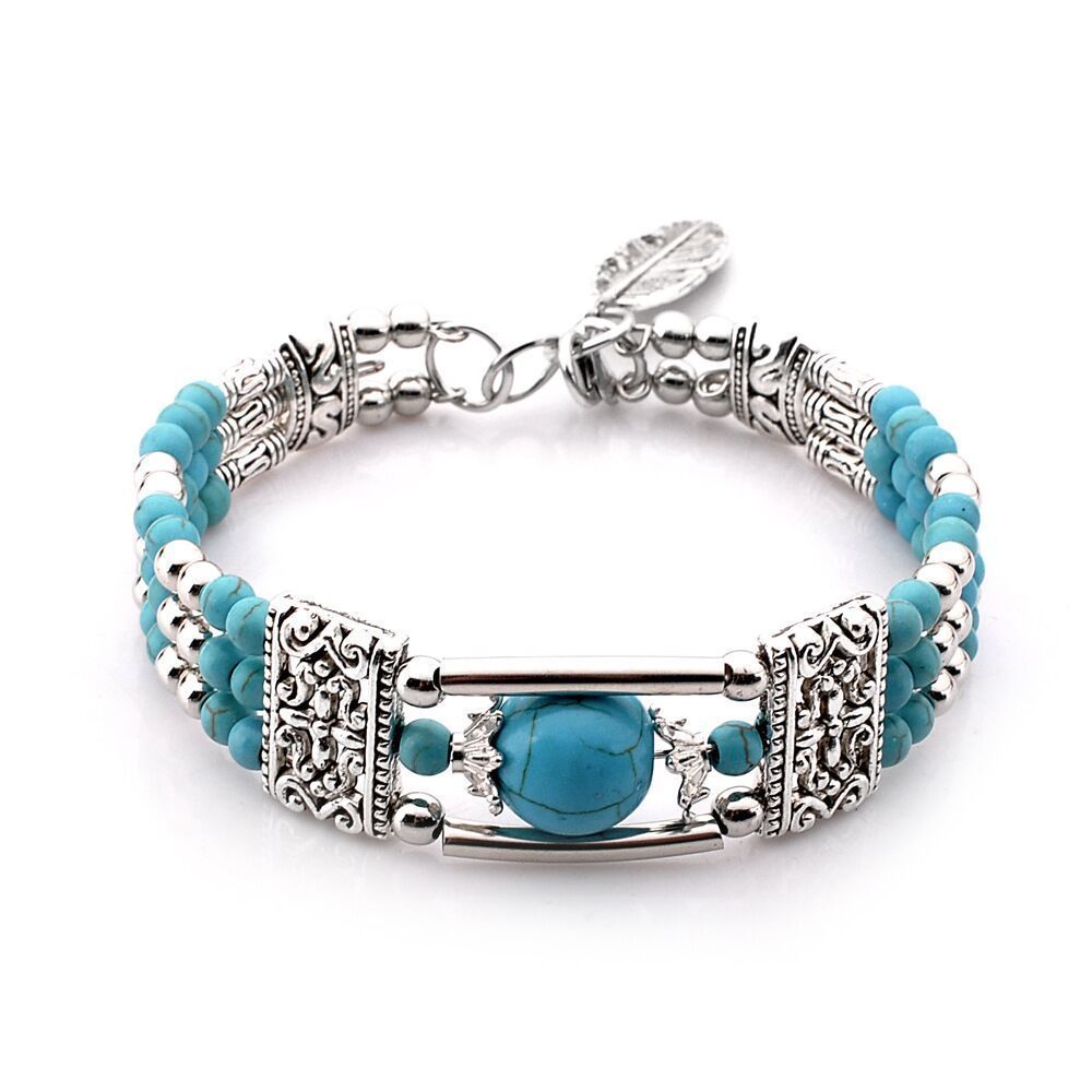 2026 novo estilo turquesa pulseira fio de aço incrustado turquesa frisado pulseira estilo boêmio estilo étnico pulseira 