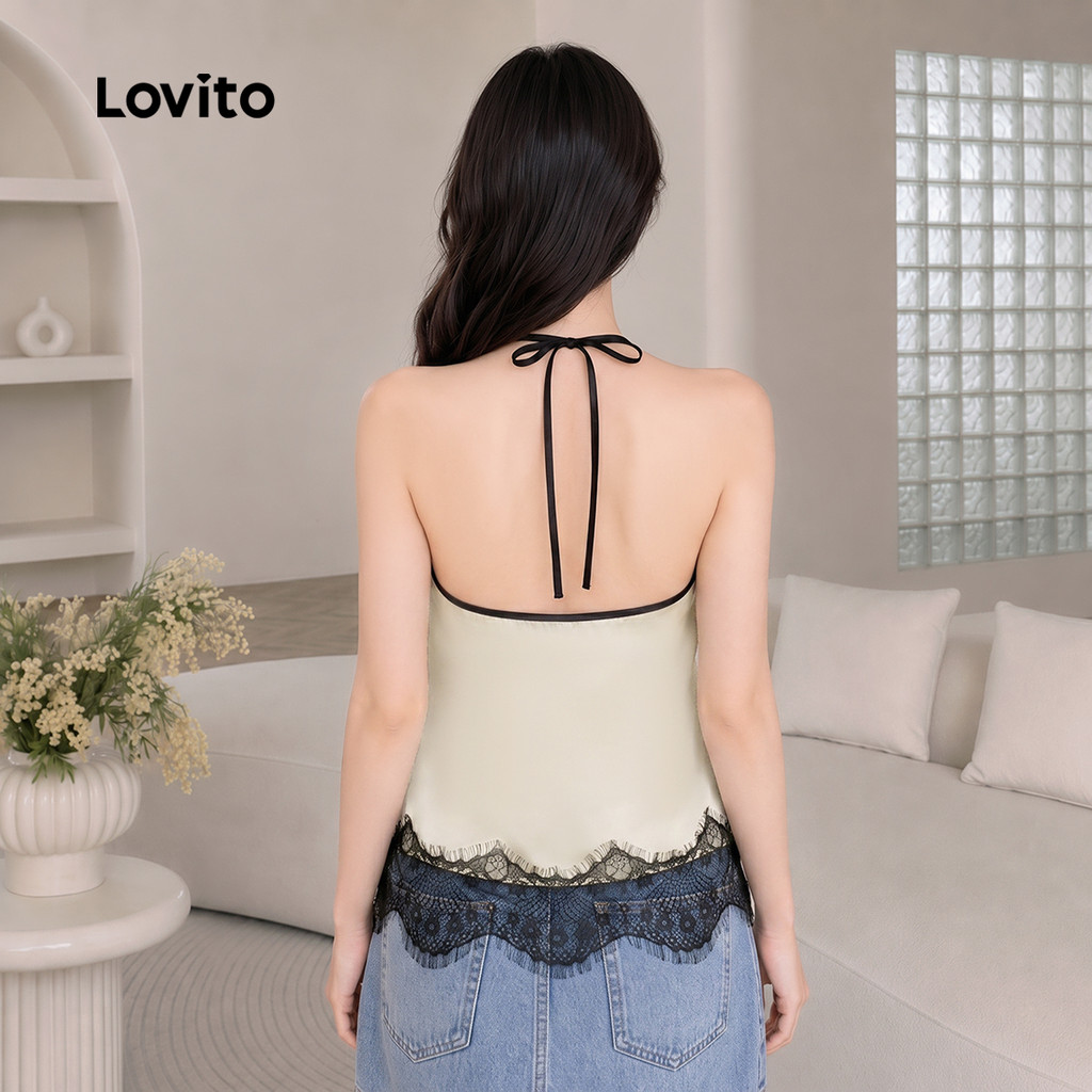 (New Arrival) Lovito Blusa Feminina Elegante Cor De Damasco Lisa De Cor Sólida Sem Mangas Com Alças Finas Renda Assimétrica E Blocos De Cores Para a Primavera/verão E Para O Trabalho Bordado TKT204P1D — imagem 2 de 2