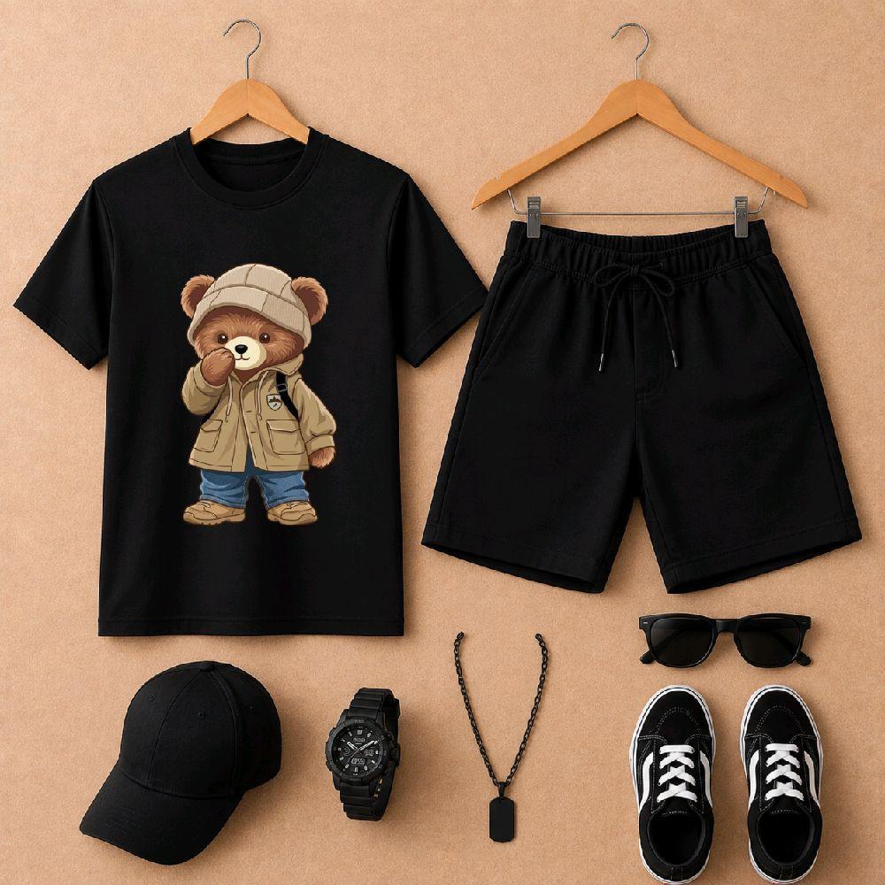 Conjunto Infantil de Verão Estampa de Ursinho Kit Camiseta e Bermuda de Moletom Juvenil Menino Casual e Confortavel