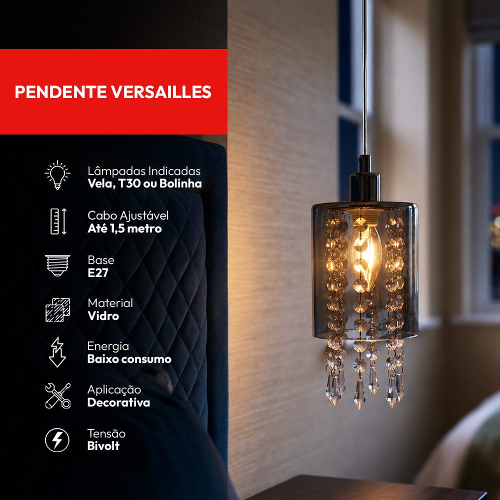Luminaria Pendente Led Versailles E27 Vidro Fumê Cod: 785010076 Avant — imagem 2 de 2