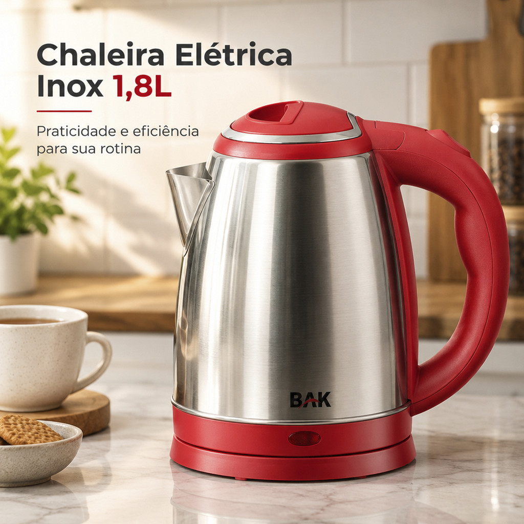 Chaleira Elétrica Inox 1.8L Bak Aquecimento Rápido Base Giratória 360 Desligamento Automático 110