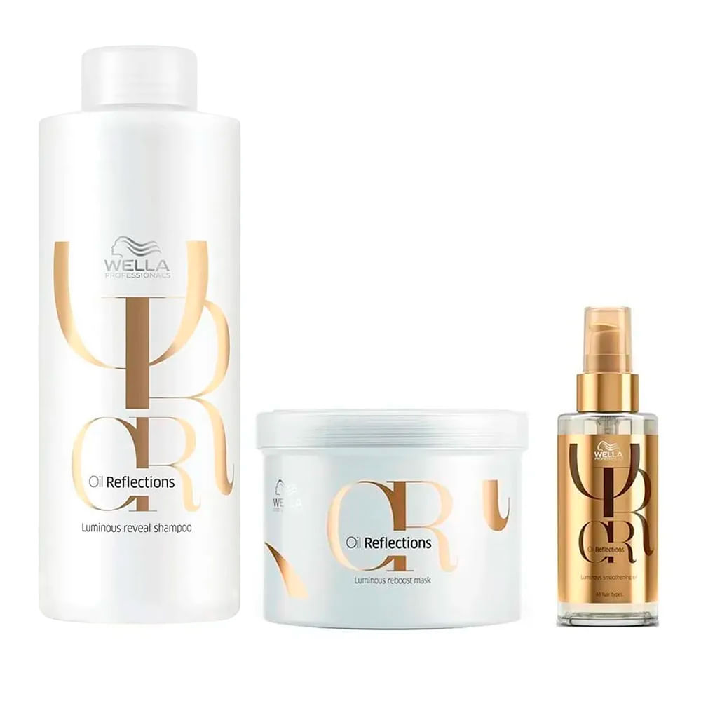Kit Shampoo 1L + Máscara 500ml + Óleo Capilar Light 30ml Wella Oil Reflections