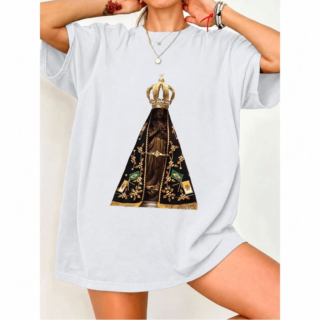 [Camiseta Premium em Algodão Puro]MIA Camiseta Feminina Oversized Streetwear com Estampa de Nossa Senhora, Em Algodão 10
