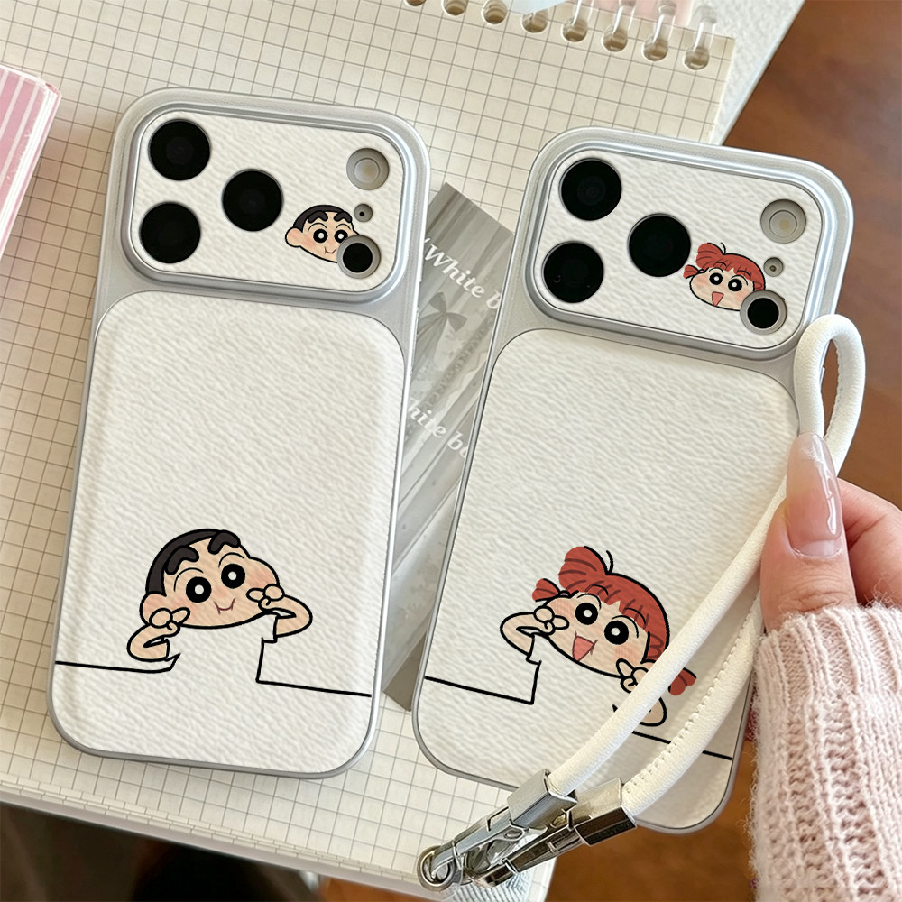Capa De Telefone Line art Shin-chan Para iPhone 17/16/Pro Max/15Plus/14/13/12/11/Textura De Couro Revestido Metálico Cob