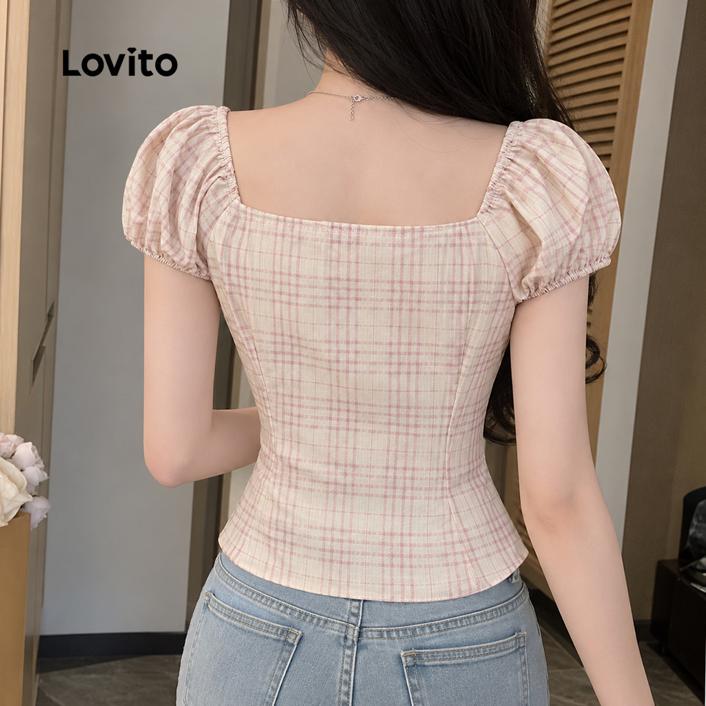 Lovito Casual Blusa Rosa Xadrez Vichy Com Laço Para Look De Primavera/verão Para Mulheres L136AD105 · foto 2