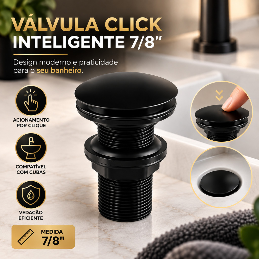 Válvula Click Preta Lavatório Cuba Lavabo Inteligente ABS 7/8 - CLICK Abs Moderna — imagem 2 de 2