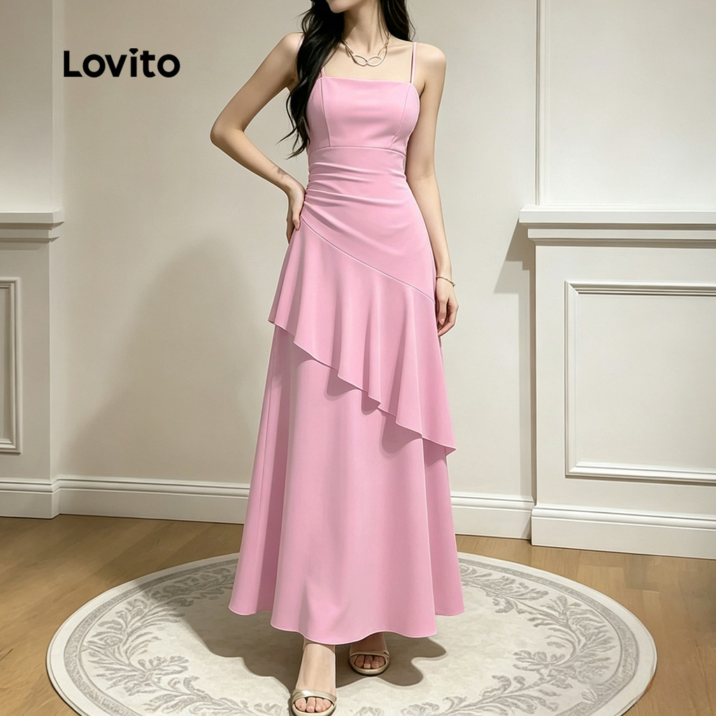 Lovito Elegante Vestido feminino sofisticado com babados em damasco para primavera verão L171ED208