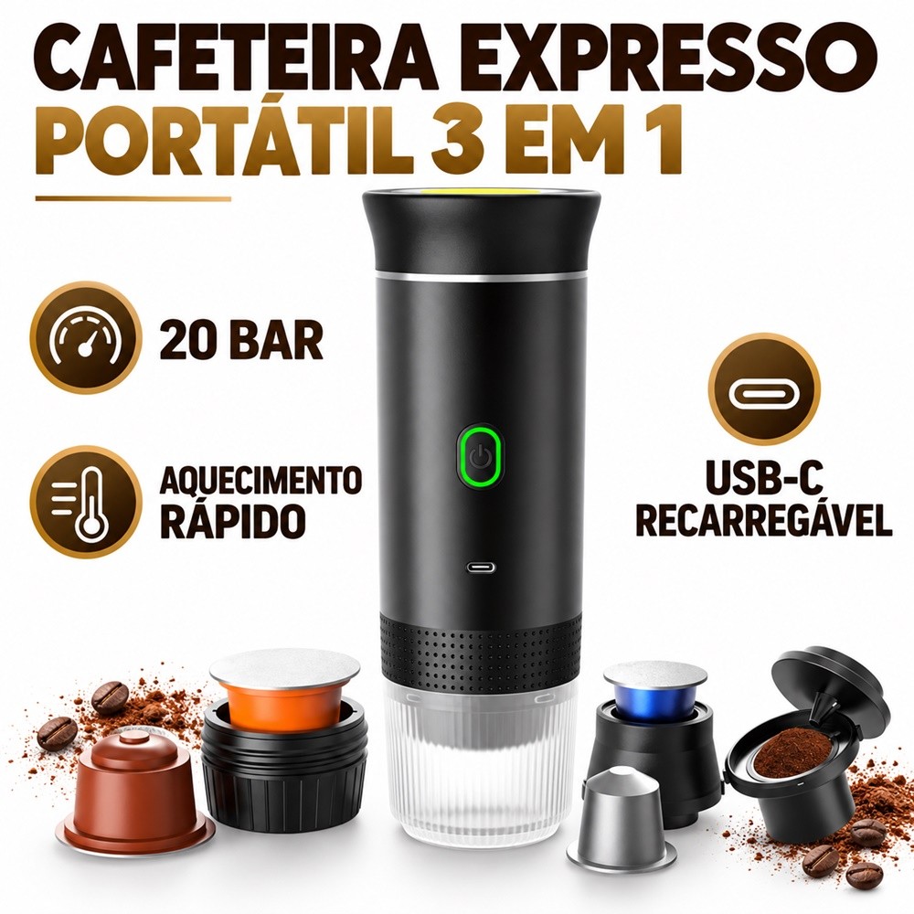 Máquina de Café Portátil 3 em 1 com Extração de Alta Pressão, Suporta Cápsulas e Pó de DLL