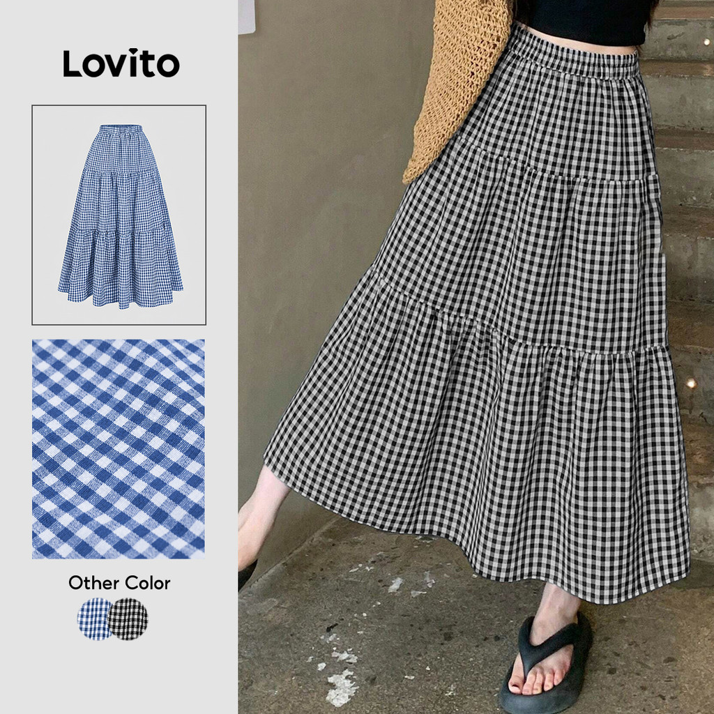 Lovito Casual Saia Feminina em Camadas para Primavera/verão Saias Pretas e Brancas L149LD012