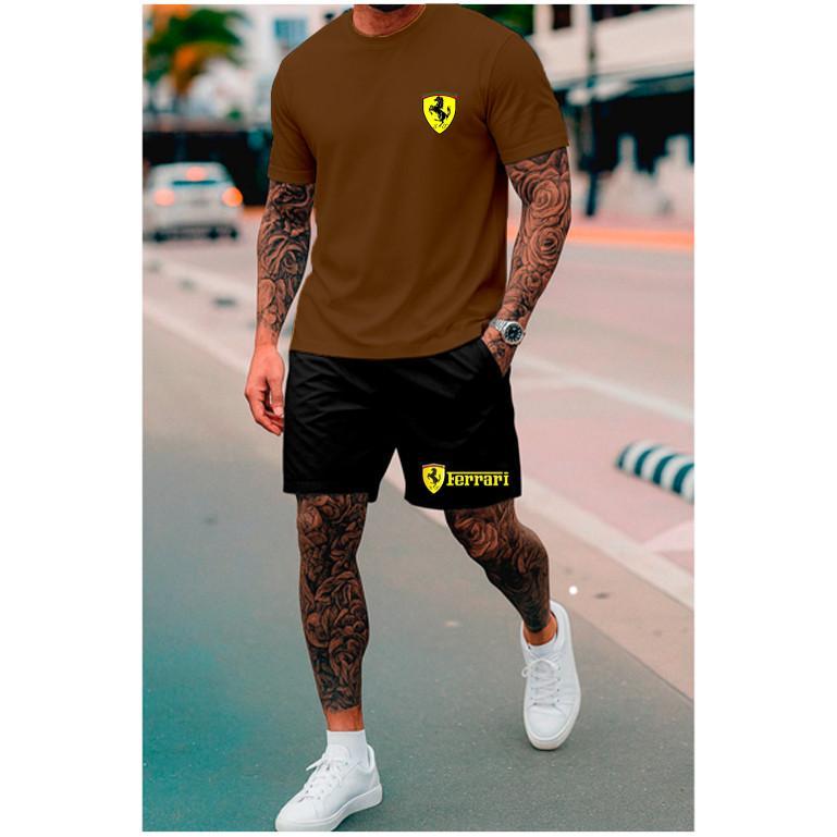 Kit Camiseta + Short Tectel Ferrari Camisa 100% Algodão Bermuda Tactel