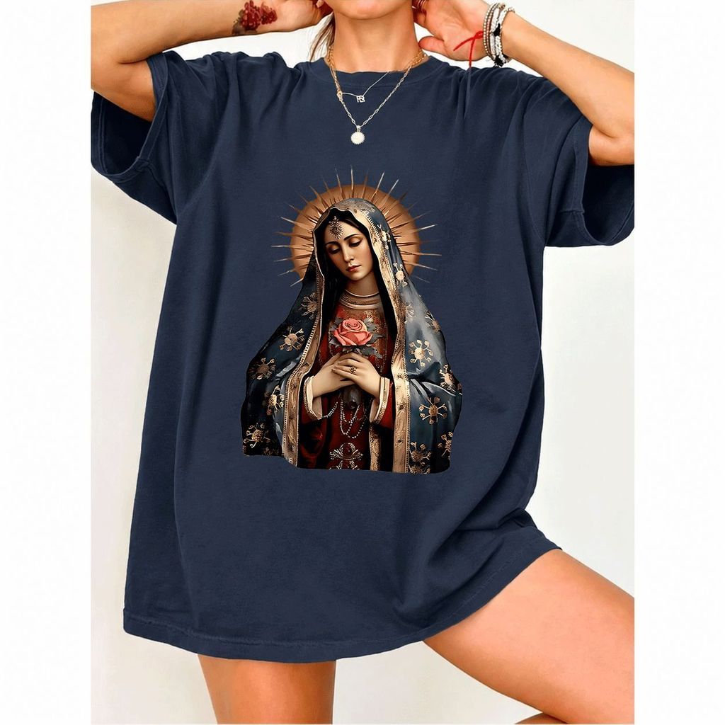 [Camiseta Premium em Algodão Puro]MIA Camiseta Feminina Oversized Streetwear com Estampa de Virgem Maria, 100% Algodão, 