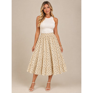 Saia Midi Poá Feminina Rodada Cintura Alta Estampada Tricoline Moda Elegante